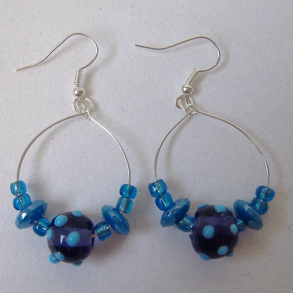 Blue Purple Beaded Hoop Earrings Silver Tone Metal Handcrafted Dangle OOAK New